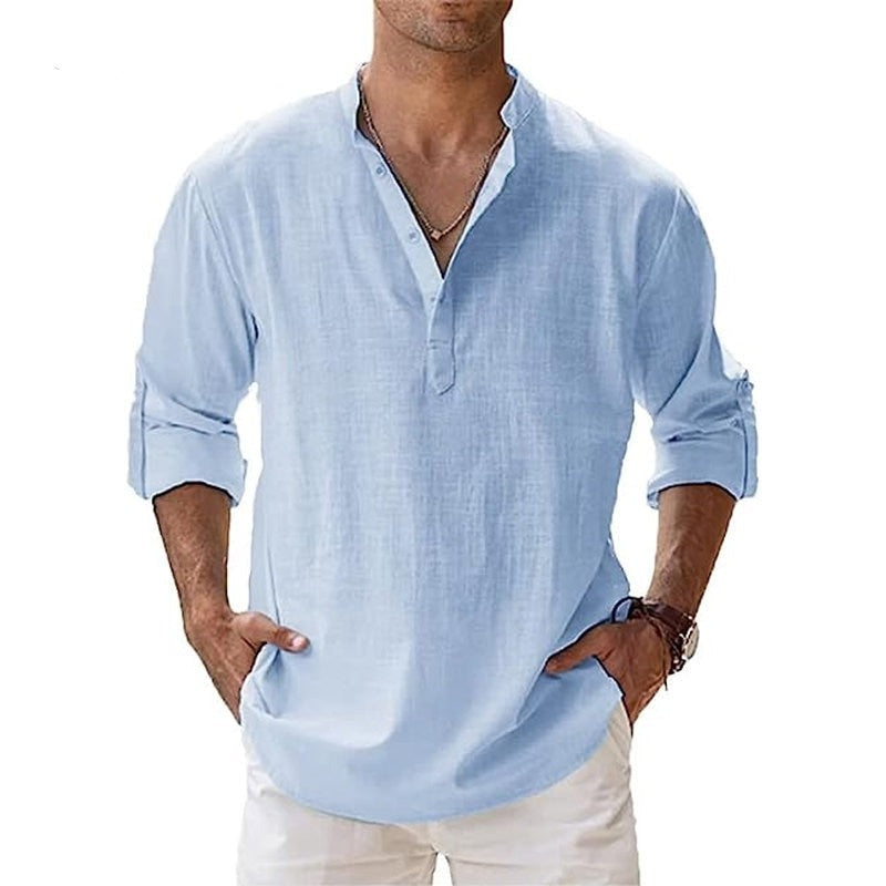 Vintage Cotton Linen Shirt Men's Comfy Lightweight Breathable Casual  T-Shirts Fold Long Sleeve Design Button Up Henley Shirts Boho Style Loose  Tops Clothing