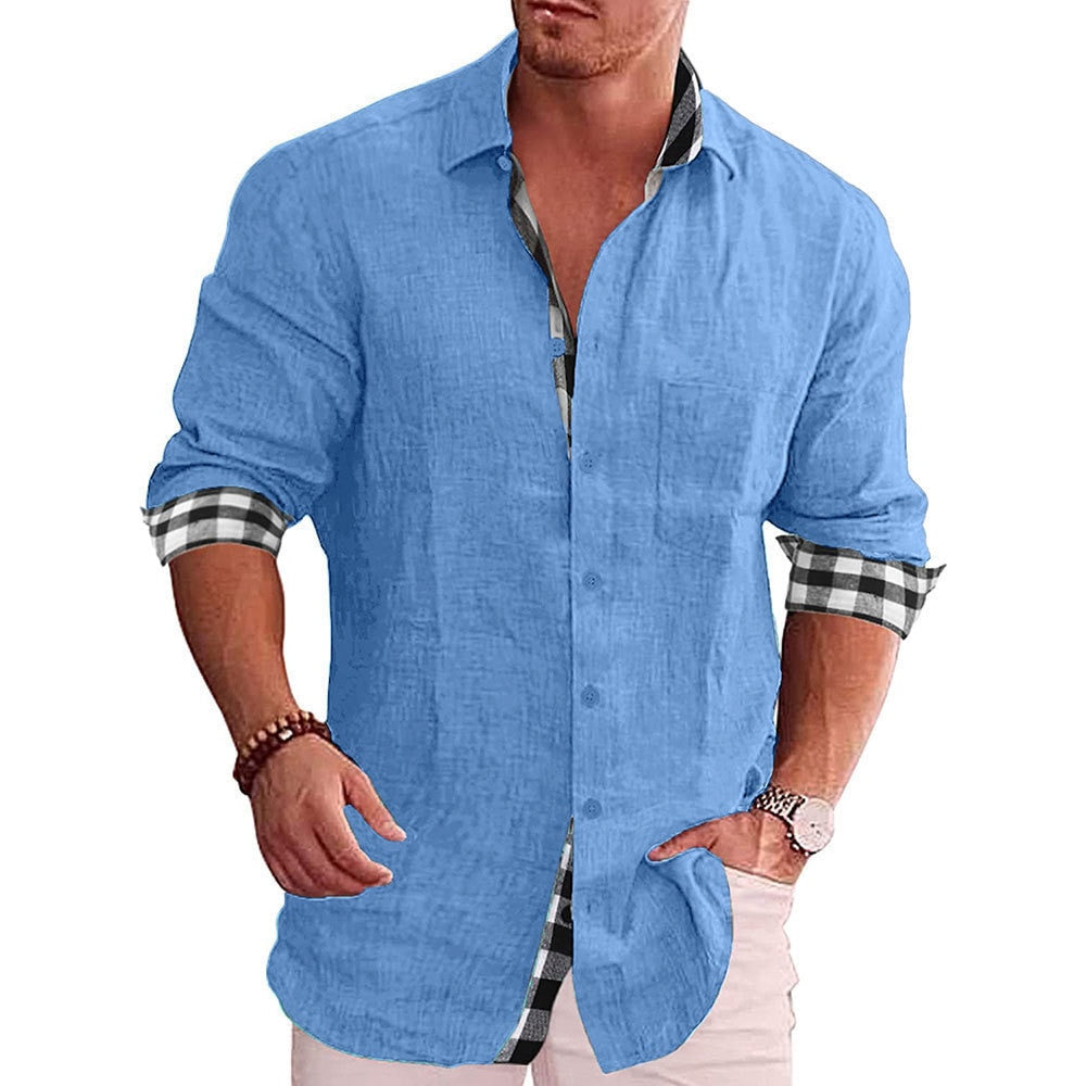 Men Long Sleeve Henley Beach Cotton Linen Shirts