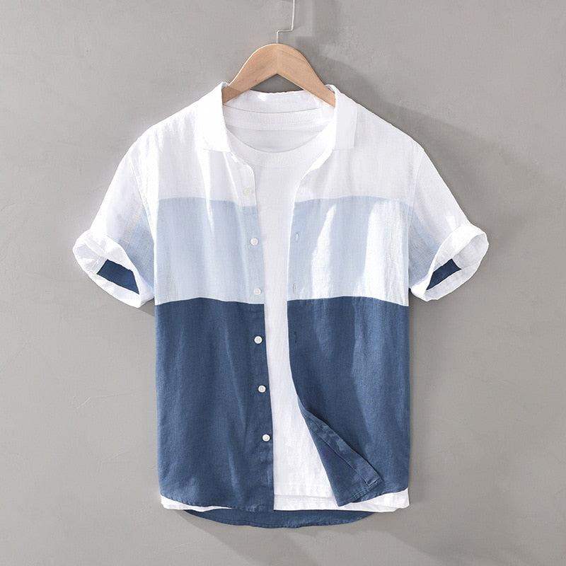 Men's Short Sleeve Gradient Patchwork Linen Shirt