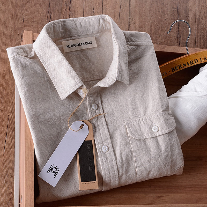 Men's Long Sleeve Cotton Solid Slim Fit Linen Shirts