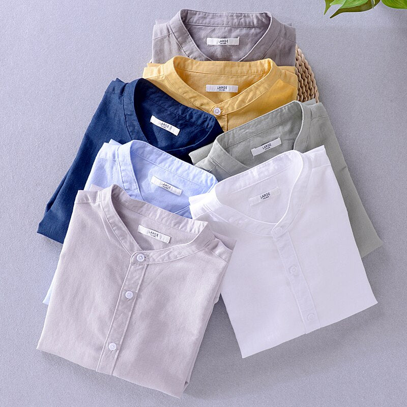 Men's Solid Stand Collar Linen and Cotton Casual Shirt