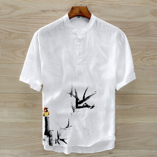 Men Short-Sleeved Stand Collar Linen Shirt