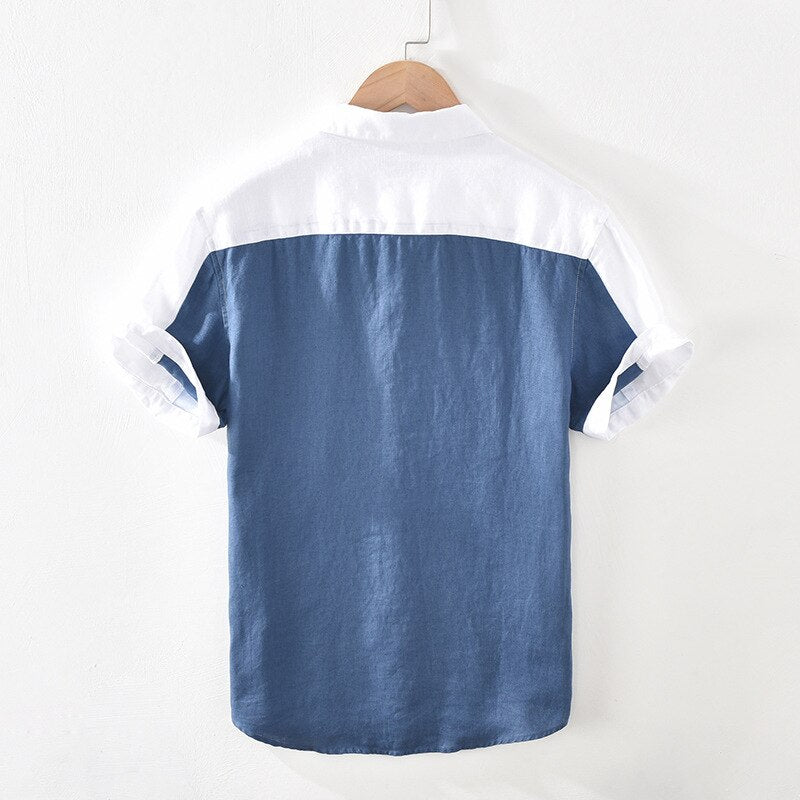 Men's Short Sleeve Gradient Patchwork Linen Shirt