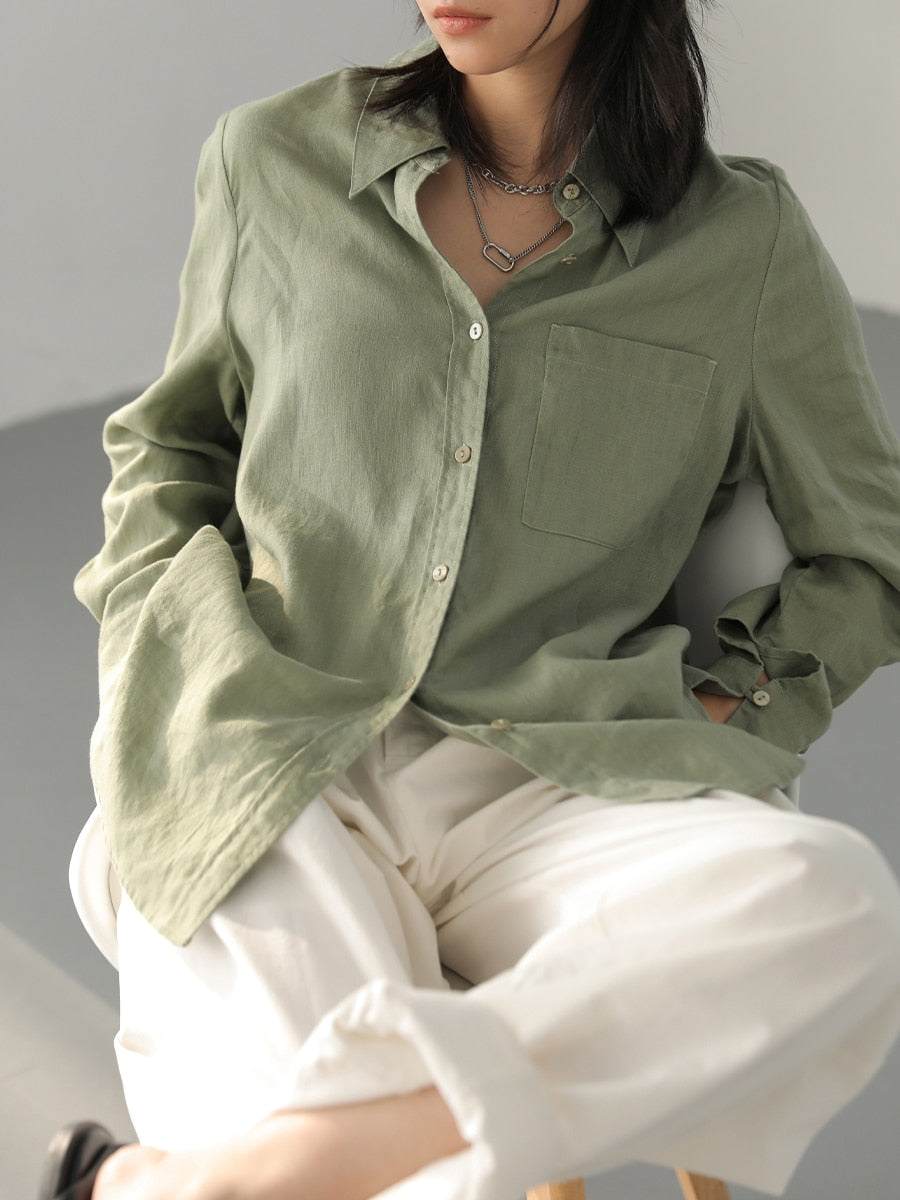 Women's Long-sleeved Solid Loose Fit Linen Shirt – Linen Shirts Canada 🍁
