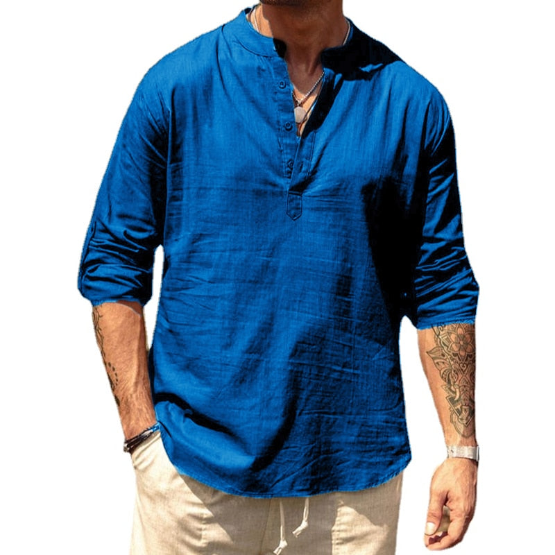 Men's Long Sleeved Linen Shirt, Cotton And Linen Casual Shirt, S-5xl Top  AAh