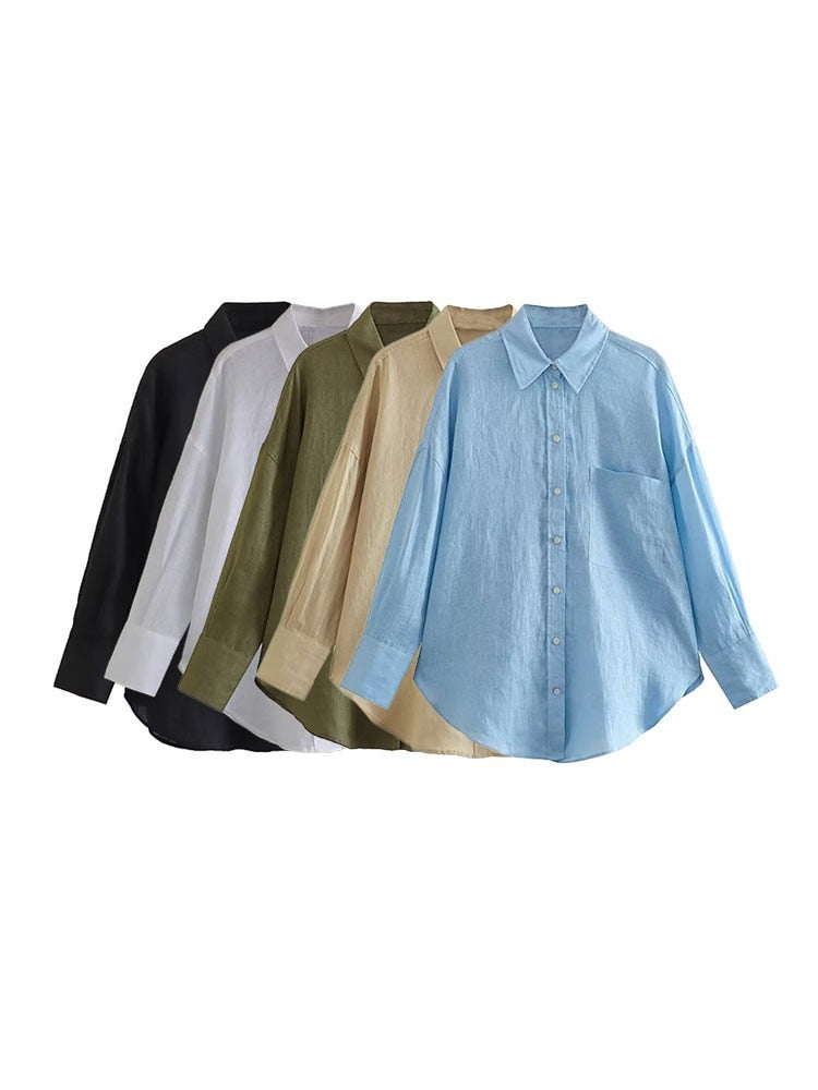 TRAF Women  Long Sleeve Button-up Linen Shirts