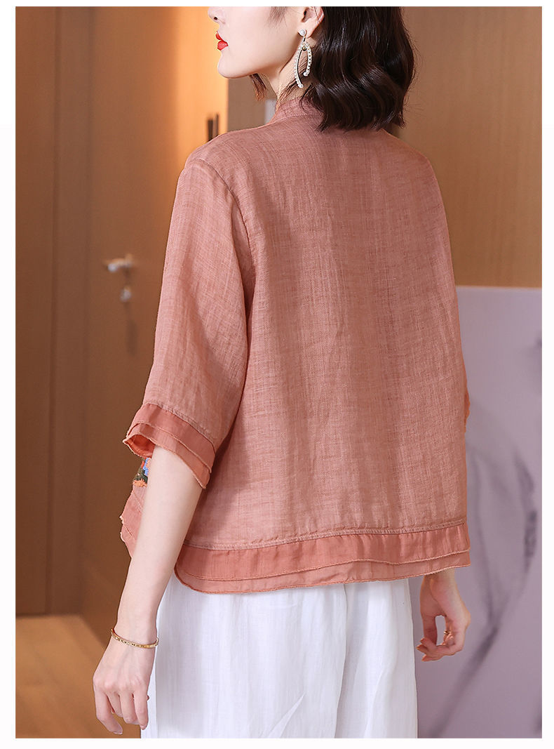 Women's Ruffle Sleeve Buttoned Embroidery Cotton Linen Blouse