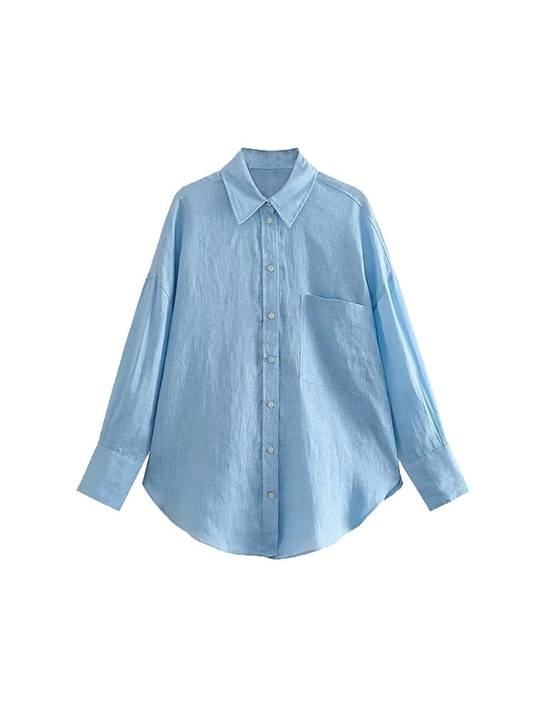 TRAF Women  Long Sleeve Button-up Linen Shirts